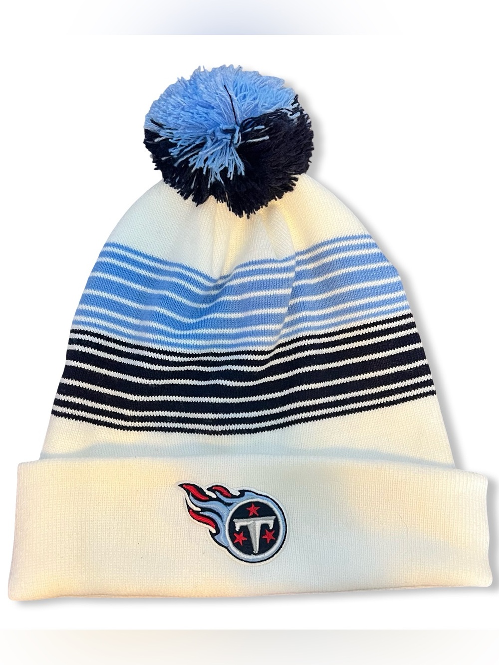 Tennessee Titans NFL Fanatics Striped Pom Beanie Hat Ivory Blue One Size